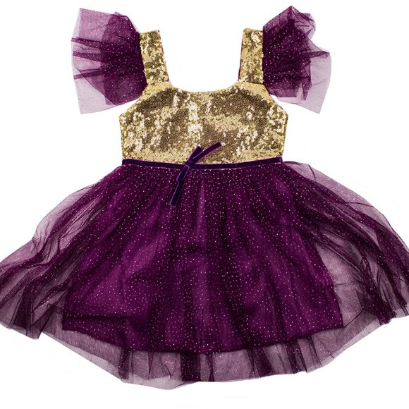 Gold Sequin Purple Tutu Princess Ballerina Party Little Girl Dress - Picture 2 of 2